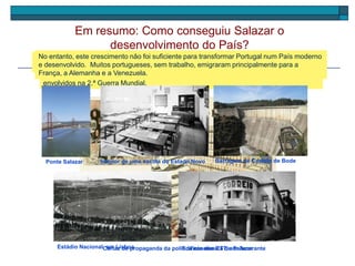 Salazar aumentou as receitas do Estado através dos impostos e diminuiu as despesas
com a educação, a saúde e a assistência social. Aumentou as reservas de ouro no banco
de Portugal através das exportações de volfrâmio e produtos agrícolas para os países
envolvidos na 2.ª Guerra Mundial.
Em resumo: Como conseguiu Salazar o
desenvolvimento do País?
Cartaz de propaganda da política económica de Salazar
A maior parte das reservas de ouro foram aplicadas na construção de obras públicas, tais
como estradas, pontes, edifícios públicos, escolas, barragens e hospitais.
No entanto, este crescimento não foi suficiente para transformar Portugal num País moderno
e desenvolvido. Muitos portugueses, sem trabalho, emigraram principalmente para a
França, a Alemanha e a Venezuela.
Ponte Salazar
Estádio Nacional, em Lisboa
Interior de uma escola do Estado Novo
Edifício dos CTT, em Amarante
Barragem de Castelo de Bode
 