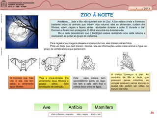 ____/____/ 2013
Anoiteceu... Jade e Blu não queriam sair do Zoo. A lua estava cheia e iluminava
bastante todos os animais que tinham vida noturna: eles se alimentam, cuidam dos
filhotes, voam, caçam e fazem várias atividades durante a noite. E durante o dia?
Dormem e ficam bem protegidos. É difícil encontrá-los durante o dia.
Blu e Jade descobriram que o Zoológico estava realizando uma visita noturna e
resolveram se juntar ao grupo de visitantes.
Para registrar as imagens desses animais noturnos, eles tiraram várias fotos.
Pinte as fotos que eles tiraram. Depois, leia as informações sobre cada animal e ligue ao
grupo de vertebrados a que pertencem.
rio.audax.org.brrioecultura.com.br
http://www.smartkids.com.br
galeria.colorir.com
O morcego voa, mas
não é ave. Ele tem
pelos e amamenta
seus filhotes.
Veja a onça-pintada. Ela
amamenta seus filhotes e
possui pelos. Está
ameaçada de extinção.
www.smartkids.com.br
Este sapo estava bem
escondidinho perto do lago.
Ele tem a pele bem fina e
coloca seus ovos na água.
A coruja começou a piar. Ao
contrário de Blu e Jade, que
possuem penas coloridas, as
corujas possuem penas escuras e
quase não podem ser vistas no
escuro da noite.
MamíferoAve Anfíbio
baudaweb.blogspot.com
jmartinsrocha.blogspot.com
ZOO À NOITE
ave–corujaanfíbio–sapomamífero–morcegoeonça. 26
 