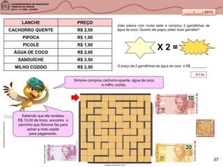 ____/____/ 2013
Adaptado desmartkids.com.br
vestidaparaimpressionar.blogspot.com
Simone comprou cachorro-quente, água de coco
e milho cozido.
X 2 =
O preço de 2 garrafinhas de água de coco é R$ ________.
João estava com muita sede e comprou 2 garrafinhas de
água de coco. Quanto ele pagou pelas duas garrafas?
LANCHE PREÇO
CACHORRO QUENTE R$ 2,50
PIPOCA R$ 1,00
PICOLÉ R$ 1,00
ÁGUA DE COCO R$ 2,00
SANDUÍCHE R$ 3,50
MILHO COZIDO R$ 2,50
Sabendo que ela recebeu
R$ 13,00 de troco, encontre o
caminho que Simone fez para
achar a nota usada
para pagamento.
R$4,00
27
 