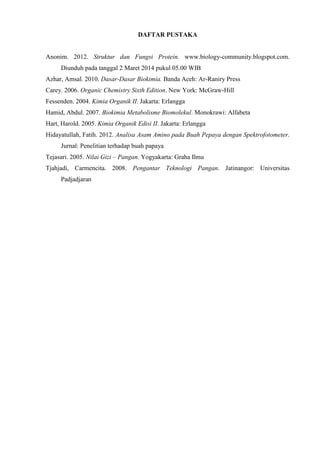 DAFTAR PUSTAKA
Anonim. 2012. Struktur dan Fungsi Protein. www.biology-community.blogspot.com.
Diunduh pada tanggal 2 Maret 2014 pukul 05.00 WIB
Azhar, Amsal. 2010. Dasar-Dasar Biokimia. Banda Aceh: Ar-Raniry Press
Carey. 2006. Organic Chemistry Sixth Edition. New York: McGraw-Hill
Fessenden. 2004. Kimia Organik II. Jakarta: Erlangga
Hamid, Abdul. 2007. Biokimia Metabolisme Biomolekul. Monokrawi: Alfabeta
Hart, Harold. 2005. Kimia Organik Edisi II. Jakarta: Erlangga
Hidayatullah, Fatih. 2012. Analisa Asam Amino pada Buah Pepaya dengan Spektrofotometer.
Jurnal: Penelitian terhadap buah papaya
Tejasari. 2005. Nilai Gizi – Pangan. Yogyakarta: Graha Ilmu
Tjahjadi, Carmencita. 2008. Pengantar Teknologi Pangan. Jatinangor: Universitas
Padjadjaran
 