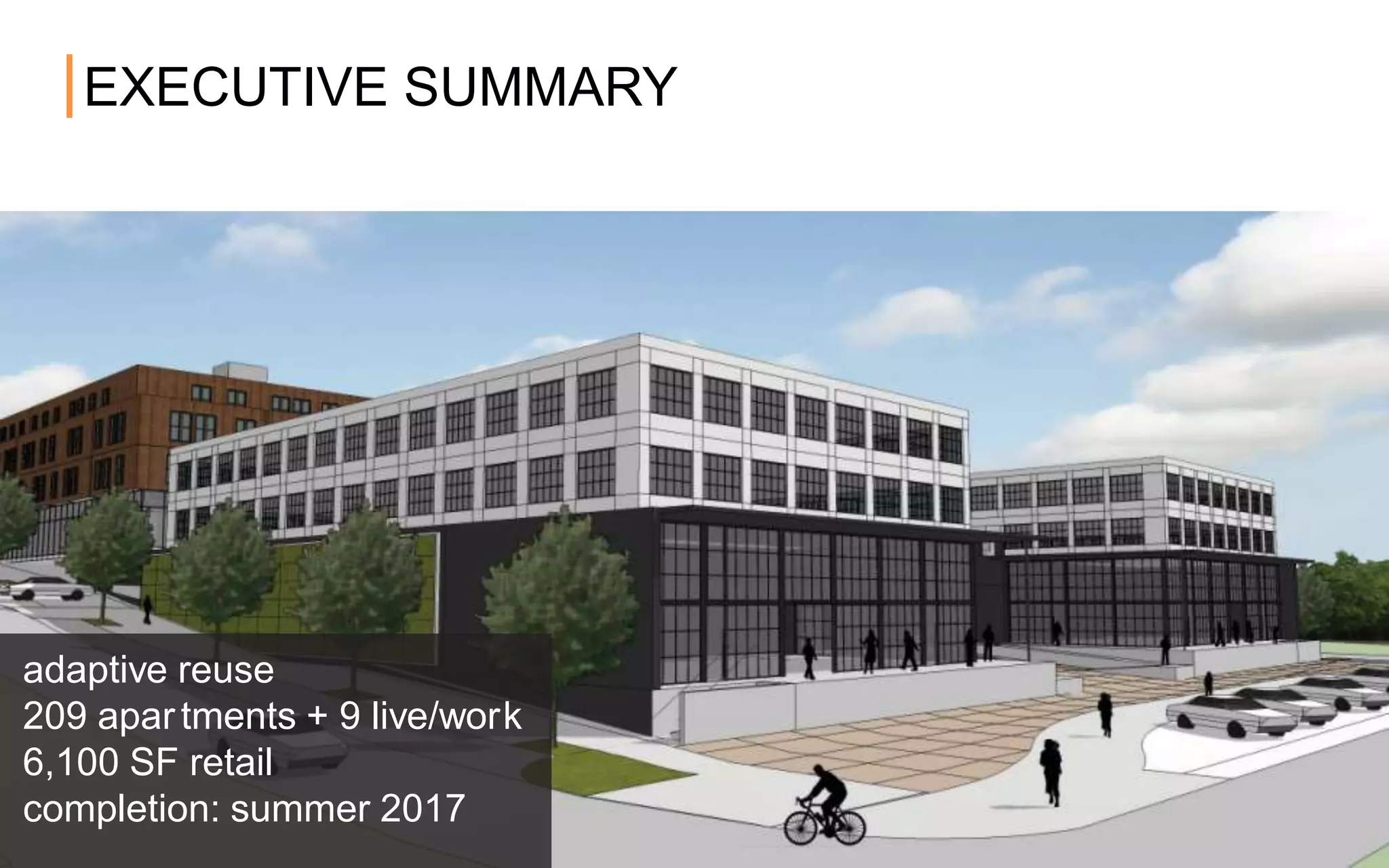 EXECUTIVE SUMMARY
adaptive reuse
209 apar tments + 9 live/work
6,100 SF retail
completion: summer 2017
 