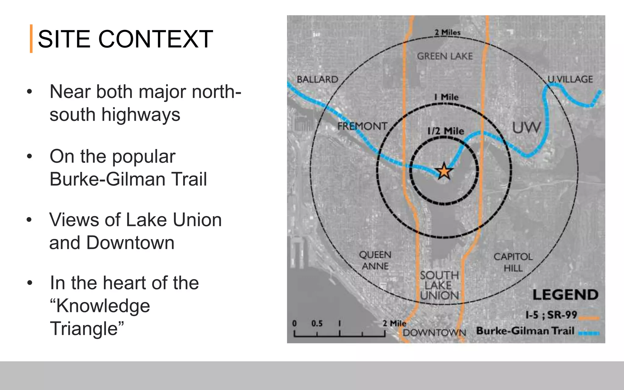 • In the heart of the
“Knowledge Triangle”
• Near both major north-
south highways
• On the popular Burke-
Gilman Trail
• Views of Lake Union and
Downtown
SITE CONTEXT
 