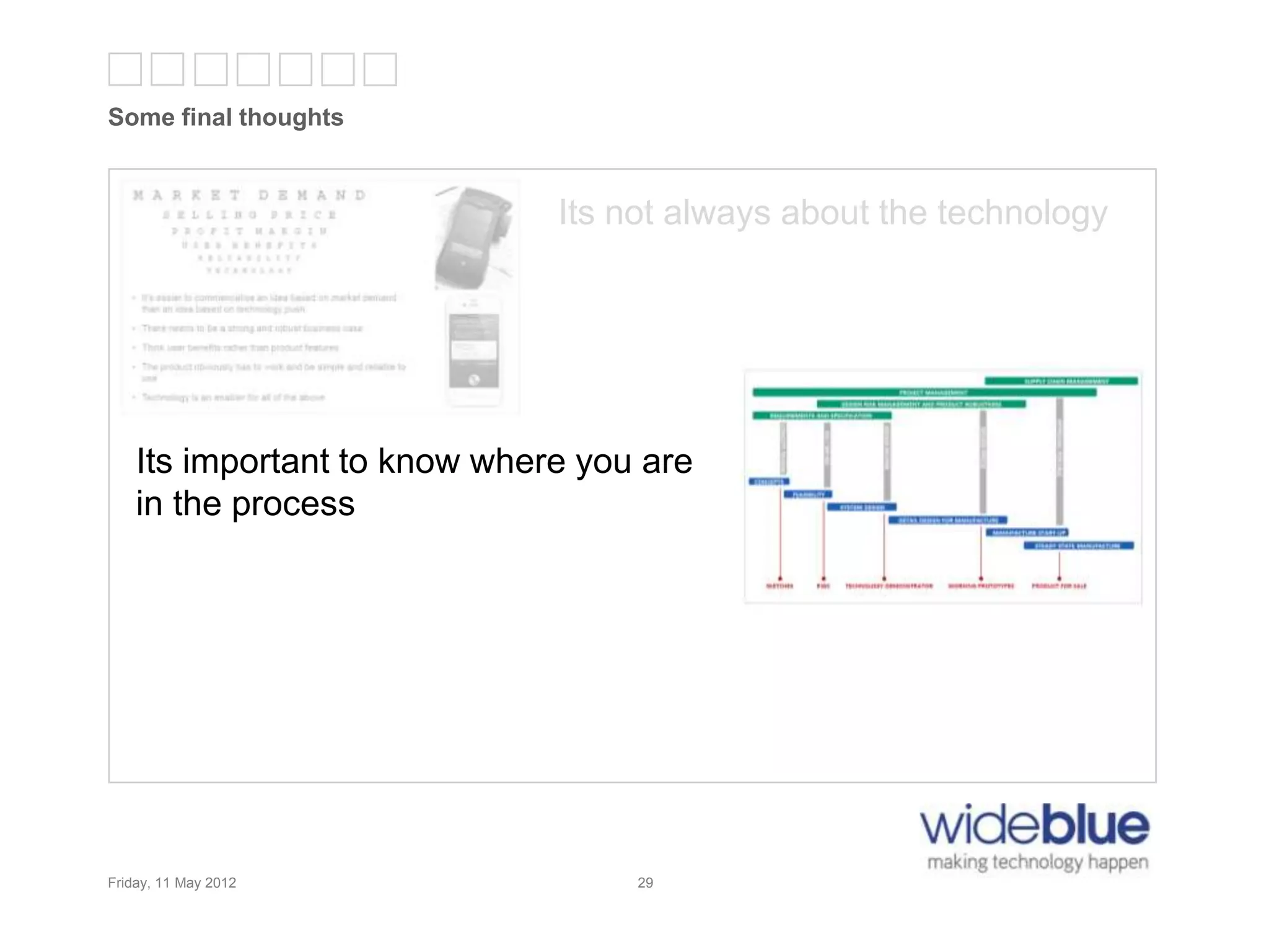 29
Some final thoughts
Friday, 11 May 2012 29
Its not always about the technology
Its important to know where you are
in the process
 