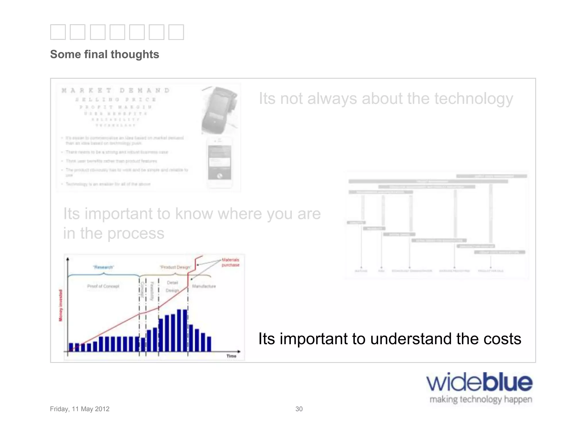 30
Some final thoughts
Friday, 11 May 2012 30
Its not always about the technology
Its important to know where you are
in the process
Its important to understand the costs
 