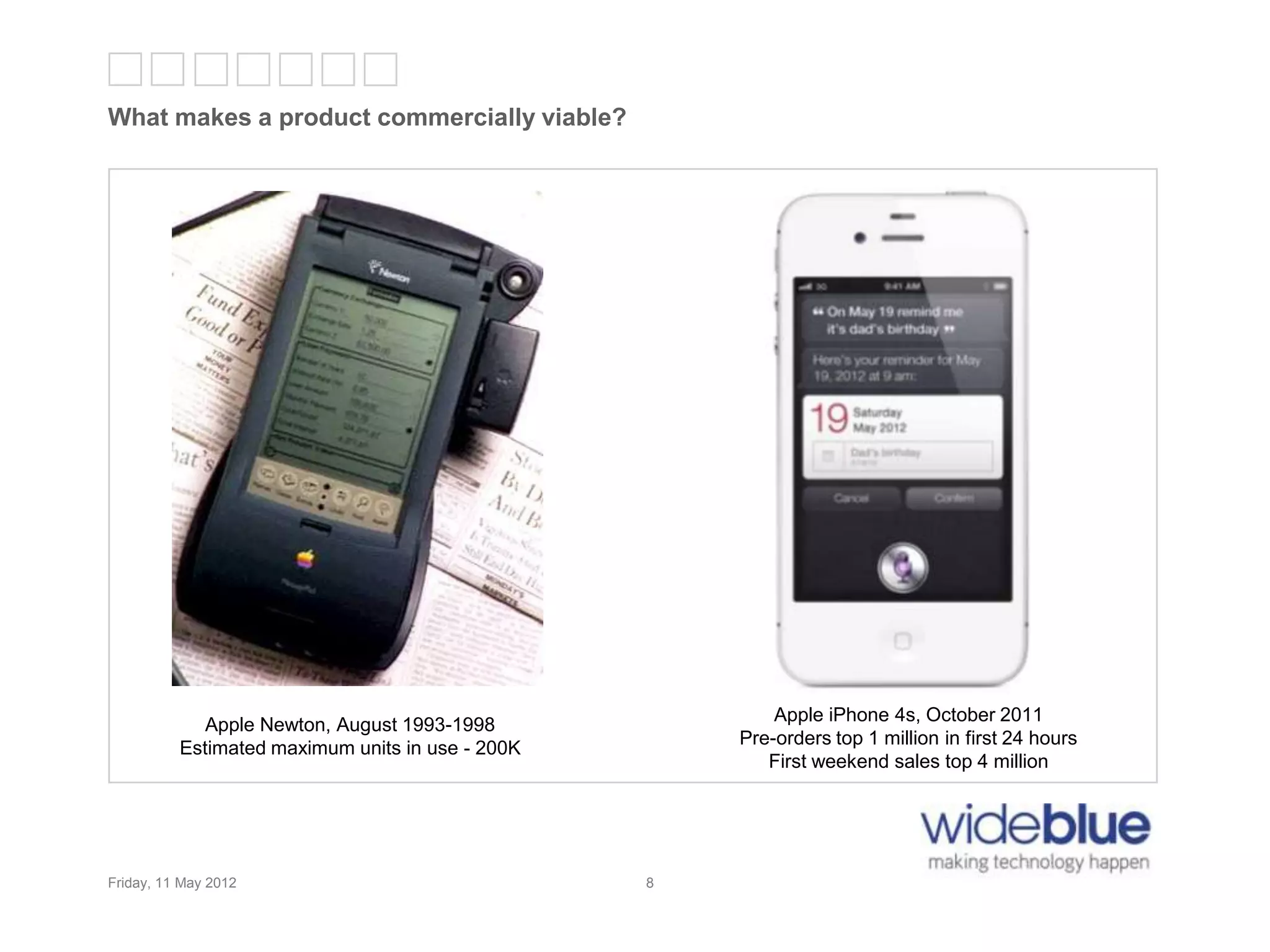 8
What makes a product commercially viable?
Friday, 11 May 2012 8
Apple iPhone 4s, October 2011
Pre-orders top 1 million in first 24 hours
First weekend sales top 4 million
Apple Newton, August 1993-1998
Estimated maximum units in use - 200K
 