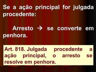 Se a ação principal for julgada
procedente:
Arresto  se converte em
penhora.
Art. 818. Julgada procedente a
ação principal, o arresto se
resolve em penhora.
 