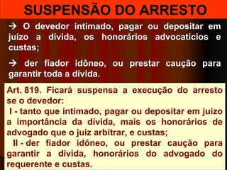  SUSPENSÃO DO ARRESTO
  O  devedor  intimado,  pagar  ou  depositar  em 
juízo  a  dívida,  os  honorários  advocatícios  e 
custas;
  der  fiador  idôneo,  ou  prestar  caução  para 
garantir toda a dívida.
Art. 819.  Ficará  suspensa  a  execução  do  arresto 
se o devedor:
 I - tanto que intimado, pagar ou depositar em juízo 
a  importância  da  dívida,  mais  os  honorários  de 
advogado que o juiz arbitrar, e custas;
  II - der  fiador  idôneo,  ou  prestar  caução  para 
garantir  a  dívida,  honorários  do  advogado  do 
requerente e custas.
 