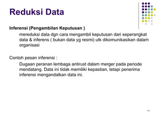 11
Reduksi Data
Inferensi (Pengambilan Keputusan )
mereduksi data dgn cara mengambil keputusan dari seperangkat
data & inferens ( bukan data yg resmi) utk dikomunikasikan dalam
organisasi
Contoh pesan inferensi :
Dugaan peranan lembaga antirust dalam merger pada periode
mendatang. Data ini tidak memiliki kepastian, tetapi penerima
inferensi mengandalkan data ini.
 