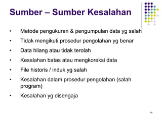 14
Sumber – Sumber Kesalahan
• Metode pengukuran & pengumpulan data yg salah
• Tidak mengikuti prosedur pengolahan yg benar
• Data hilang atau tidak terolah
• Kesalahan batas atau mengkoreksi data
• File historis / induk yg salah
• Kesalahan dalam prosedur pengolahan (salah
program)
• Kesalahan yg disengaja
 
