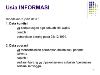 17
Usia INFORMASI
Dibedakan 2 jenis data :
1. Data kondisi
yg berhubungan dgn sebuah titik waktu
contoh :
persediaan barang pada 31/12/1999.
2. Data operasi
yg mencerminkan perubahan dalam satu periode
tertentu
contoh :
sediaan barang yg dipakai selama sebulan / penjualan
selama seminggu.
 