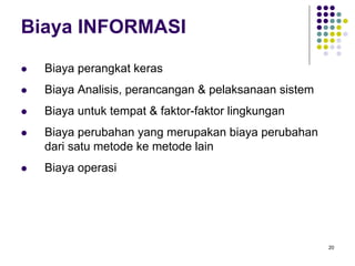 20
Biaya INFORMASI
Biaya perangkat keras
Biaya Analisis, perancangan & pelaksanaan sistem
Biaya untuk tempat & faktor-faktor lingkungan
Biaya perubahan yang merupakan biaya perubahan
dari satu metode ke metode lain
Biaya operasi
 