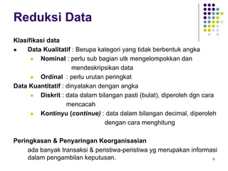 9
Reduksi Data
Klasifikasi data
Data Kualitatif : Berupa kategori yang tidak berbentuk angka
Nominal : perlu sub bagian utk mengelompokkan dan
mendeskripsikan data
Ordinal : perlu urutan peringkat
Data Kuantitatif : dinyatakan dengan angka
Diskrit : data dalam bilangan pasti (bulat), diperoleh dgn cara
mencacah
Kontinyu (continue) : data dalam bilangan decimal, diperoleh
dengan cara menghitung
Peringkasan & Penyaringan Keorganisasian
ada banyak transaksi & peristiwa-peristiwa yg merupakan informasi
dalam pengambilan keputusan.
 