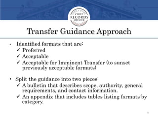 Transfer Guidance Approach	
  
•  Identified formats that are:
ü  Preferred
ü  Acceptable
ü  Acceptable for Imminent Tr...