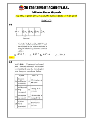 Sri Chaitanya IIT Academy, A.P.,
Sri Bhaskar Bhavan, Vijayawada
JEE MAIN 2014 ONLINE EXAM PAPER Date : 19-04-2014
PHYSICS
Q.1
1) 2) 3) 4)
Ans: 2
Q.2
 