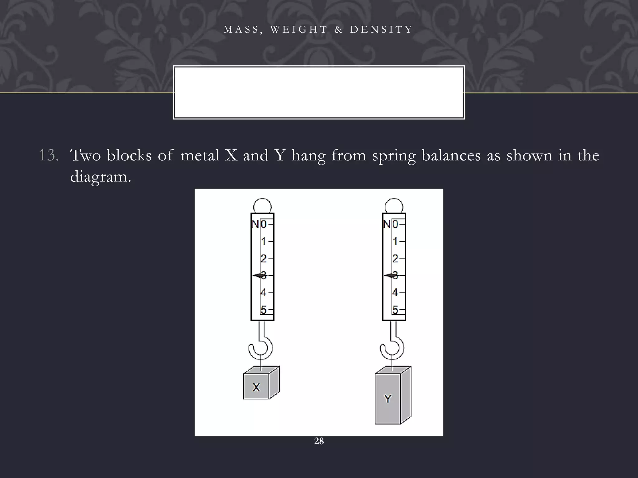 13. Two blocks of metal X and Y hang from spring balances as shown in the
diagram.
M A S S , W E I G H T & D E N S I T Y
28
 