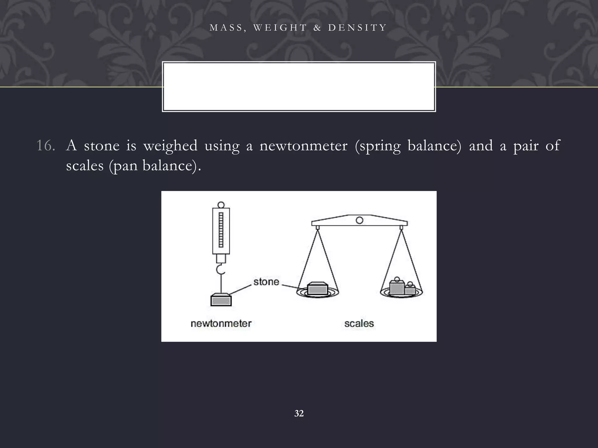 16. A stone is weighed using a newtonmeter (spring balance) and a pair of
scales (pan balance).
M A S S , W E I G H T & D E N S I T Y
32
 