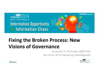 #AIIM14	
  #AIIM14	
  
#AIIM14	
  
Fixing	
  the	
  Broken	
  Process:	
  New	
  
Visions	
  of	
  Governance	
  
Joe	
  Budelli,	
  Sr.	
  VP	
  of	
  Sales,	
  ABBYY	
  USA	
  
Ben	
  Vierck,	
  VP	
  of	
  Engineering,	
  KnowledgeLake	
  
 