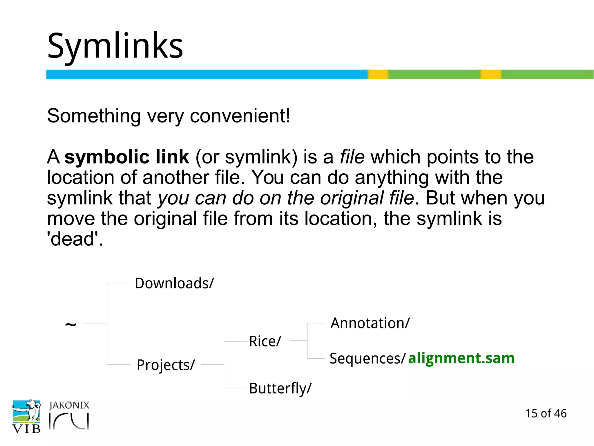 15 of 46
Symlinks
Something very convenient!
A symbolic link (or symlink) is a file which points to the
location of another file. You can do anything with the
symlink that you can do on the original file. But when you
move the original file from its location, the symlink is
'dead'.
~
Downloads/
Projects/
Rice/
Butterfly/
Sequences/
Annotation/
alignment.sam
 