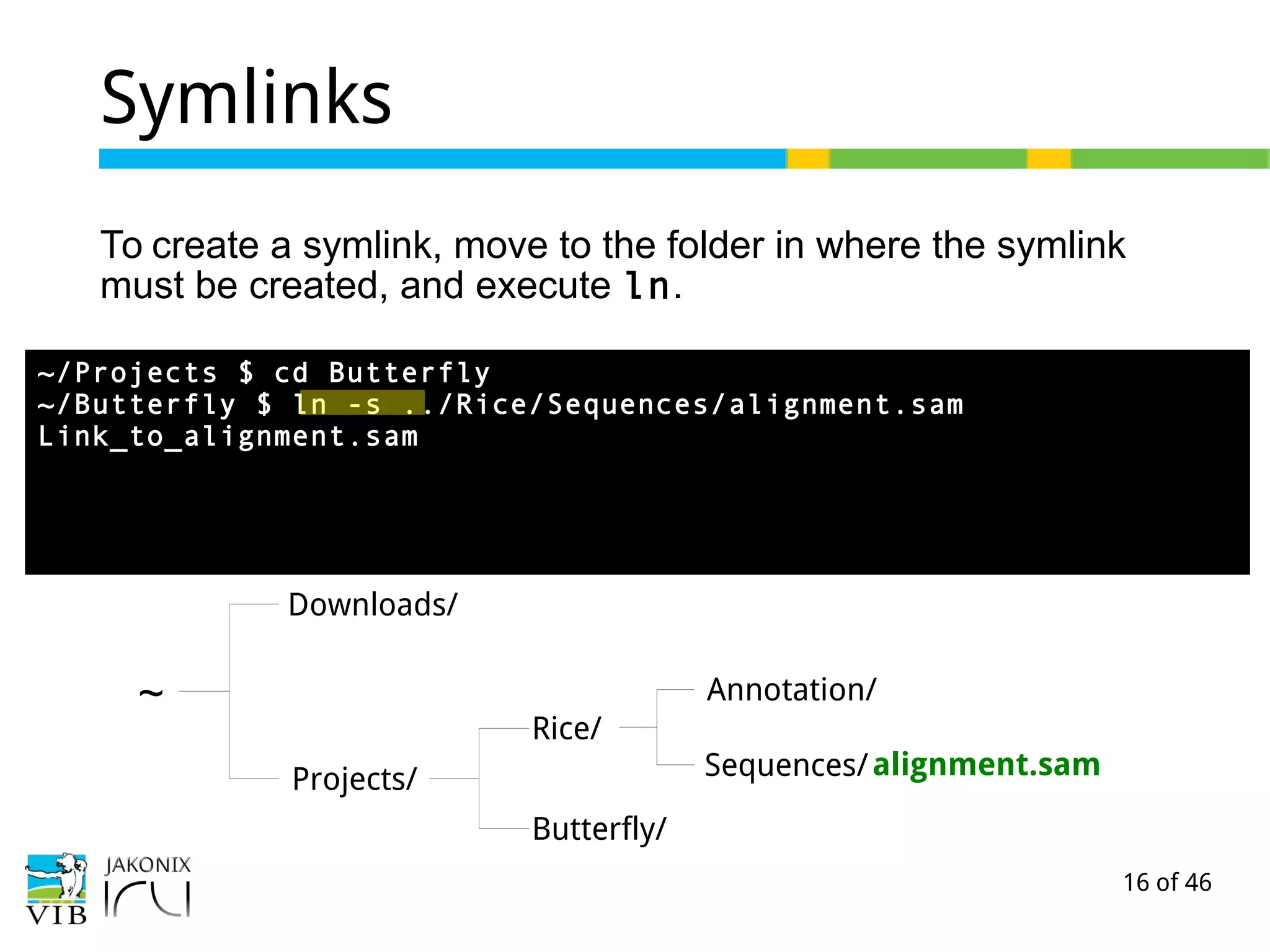 16 of 46
Symlinks
To create a symlink, move to the folder in where the symlink
must be created, and execute ln.
~
Downloads/
Projects/
Rice/
Butterfly/
Sequences/
Annotation/
alignment.sam
~/Projects $ cd Butterfly
~/Butterfly $ ln -s ../Rice/Sequences/alignment.sam
Link_to_alignment.sam
 
