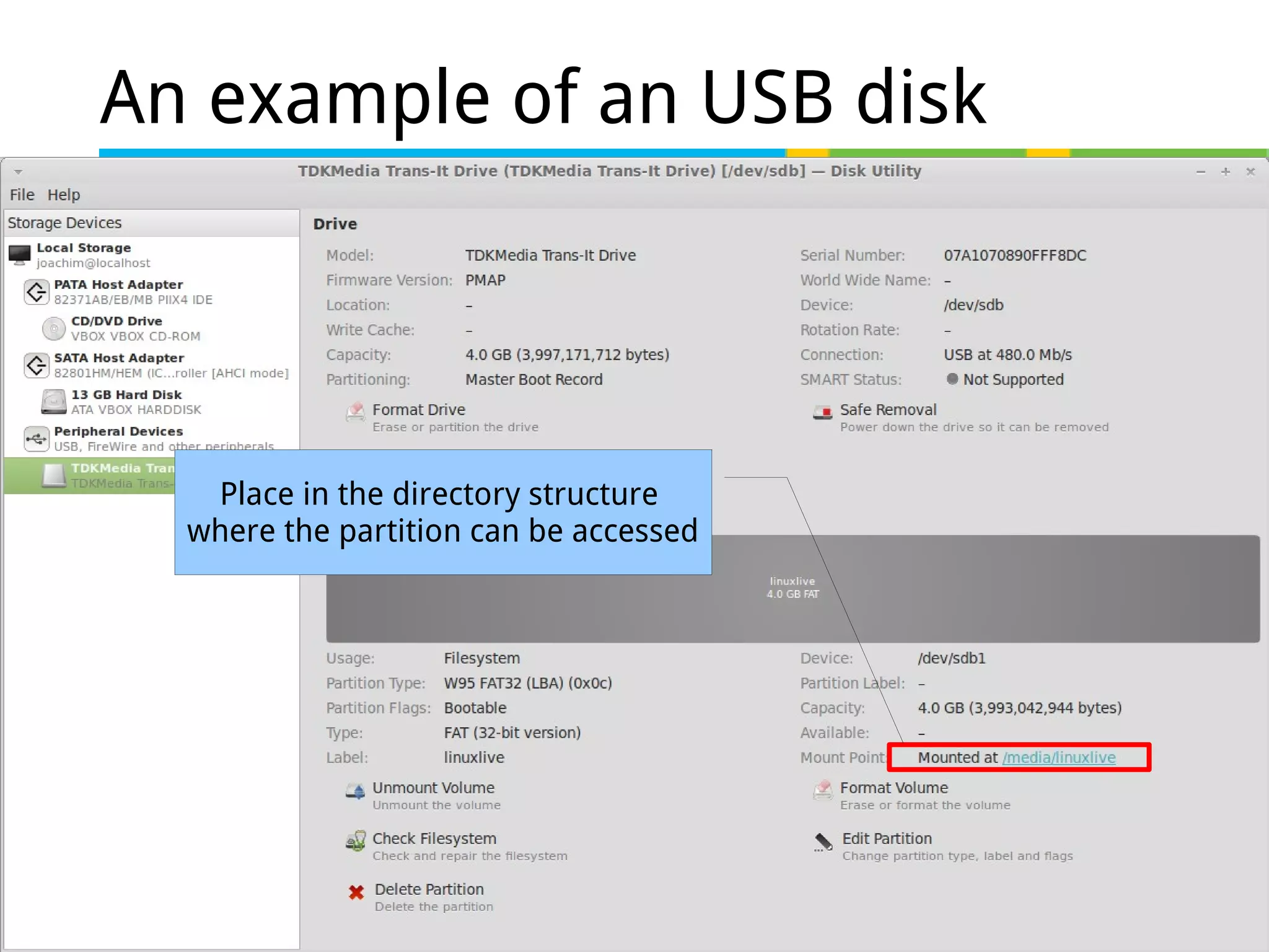 26 of 46
An example of an USB disk
-
Place in the directory structure
where the partition can be accessed
 