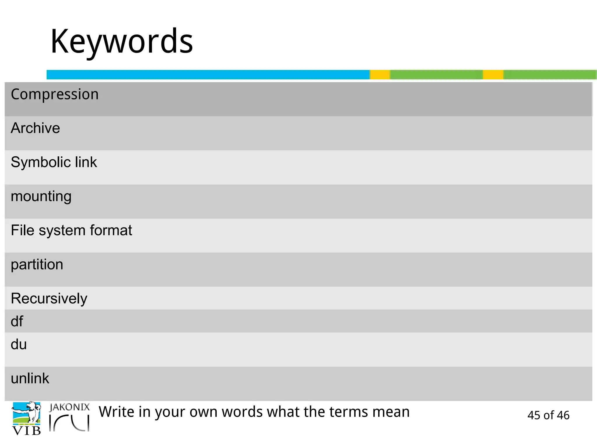 45 of 46
Keywords
Compression
Archive
Symbolic link
mounting
File system format
partition
Recursively
df
du
unlink
Write in your own words what the terms mean
 