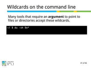 41 of 46
Wildcards on the command line
Many tools that require an argument to point to
files or directories accept these wildcards.
~/ $ du -sh Do*
 
