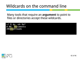 42 of 46
Wildcards on the command line
Many tools that require an argument to point to
files or directories accept these wildcards.
~/ $ du -sh Do*
4.0K Documents
20GDownloads
 