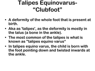 Talipes Equinovarus-
“Clubfoot”
• A deformity of the whole foot that is present at
birth.
• Aka as 'talipes', as the deformity is mostly in
the talus (a bone in the ankle).
• The most common of the talipes is what is
known as "talipes equino varus“
• In talipes equino varus, the child is born with
the foot pointing down and twisted inwards at
the ankle.
 