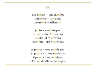 [ ã ]
une lampe — une chambre
dimanche — vendredi
comment — tellement
j'entre - je n'entre pas
tu entres - tu n'entres pas
il entre - il n'entre pas
elle entre - elle n'entre pas
je prends - je ne prends pas
tu prends - tu ne prends pas
il prend - il ne prend pas
elle prend - elle ne prend pas
 
