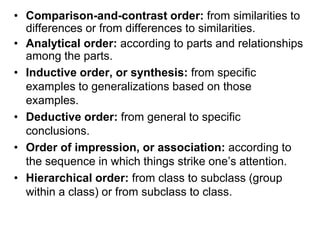 • Comparison-and-contrast order: from similarities to
differences or from differences to similarities.
• Analytical order: according to parts and relationships
among the parts.
• Inductive order, or synthesis: from specific
examples to generalizations based on those
examples.
• Deductive order: from general to specific
conclusions.
• Order of impression, or association: according to
the sequence in which things strike one‟s attention.
• Hierarchical order: from class to subclass (group
within a class) or from subclass to class.
 