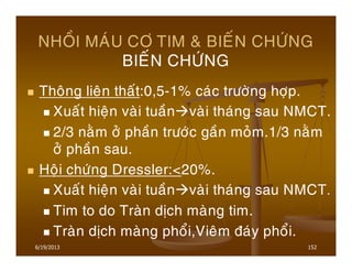 6/19/2013 152
NHOÀI MAÙU CÔ TIM & BIEÁN CHÖÙNG
BIEÁN CHÖÙNG
Thoâng lieân thaát:0,5-1% caùc tröôøng hôïp.
Xuaát hieän vaøi tuaàn vaøi thaùng sau NMCT.
2/3 naèm ôû phaàn tröôùc gaàn moûm.1/3 naèm
ôû phaàn sau.
Hoäi chöùng Dressler:<20%.
Xuaát hieän vaøi tuaàn vaøi thaùng sau NMCT.
Tim to do Traøn dòch maøng tim.
Traøn dòch maøng phoåi,Vieâm ñaùy phoåi.
 