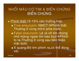 6/19/2013 155
NHOÀI MAÙU CÔ TIM & BIEÁN CHÖÙNG
BIEÁN CHÖÙNG
Phình thaát:12-15% caùc tröôøng hôïp.
True aneurysm: NMCT Phình thaát.
Thöôøng ôû vuøng moûm phía tröôùc.
False aneurysm: Leõ ra vôõ tim nhöng
nhôø maøng ngoaøi tim bao boïc Phình
to ra.Thöôøng ôû vuøng sau beân hoaëc
maët döôùi.
X quang:Bôø tim phình ra,coù theå ñoùng
voâi.
 