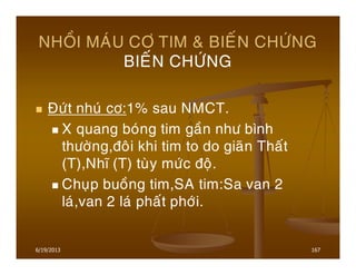 6/19/2013 167
NHOÀI MAÙU CÔ TIM & BIEÁN CHÖÙNG
BIEÁN CHÖÙNG
Ñöùt nhuù cô:1% sau NMCT.
X quang boùng tim gaàn nhö bình
thöôøng,ñoâi khi tim to do giaõn Thaát
(T),Nhó (T) tuøy möùc ñoä.
Chuïp buoàng tim,SA tim:Sa van 2
laù,van 2 laù phaát phôùi.
 