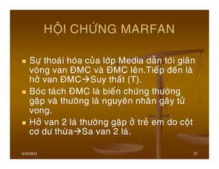 6/19/2013 73
HOÄI CHÖÙNG MARFAN
Söï thoaùi hoùa cuûa lôùp Media daãn tôùi giaõn
voøng van ÑMC vaø ÑMC leân.Tieáp ñeán laø
hôû van ÑMC Suy thaát (T).
Boùc taùch ÑMC laø bieán chöùng thöôøng
gaëp vaø thöôøng laø nguyeân nhaân gaây töû
vong.
Hôû van 2 laù thöôøng gaëp ôû treû em do coät
cô dö thöøa Sa van 2 laù.
 