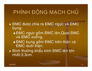 6/19/2013 8
PHÌNH ÑOÄNG MAÏCH CHUÛ
ÑMC ñöôïc chia ra ÑMC ngöïc vaø ÑMC
buïng:
ÑMC ngöïc goàm ÑMC leân,Quai ÑMC
vaø ÑMC xuoáng.
ÑMC buïng goàm ÑMC treân thaän vaø
ÑMC döôùi thaän.
Bình thöôøng khaåu kính ÑMC leân lôùn
nhaát:3,3cm.
 