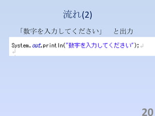 流れ(2)
「数字を入力してください」 と出力
20
 