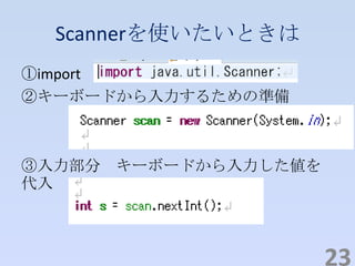 Scannerを使いたいときは
①import
②キーボードから入力するための準備
③入力部分 キーボードから入力した値を
代入
23
 