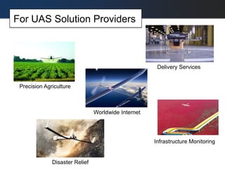 For UAS Solution Providers
Precision Agriculture
Disaster Relief
Delivery Services
Infrastructure Monitoring
Worldwide Internet
 