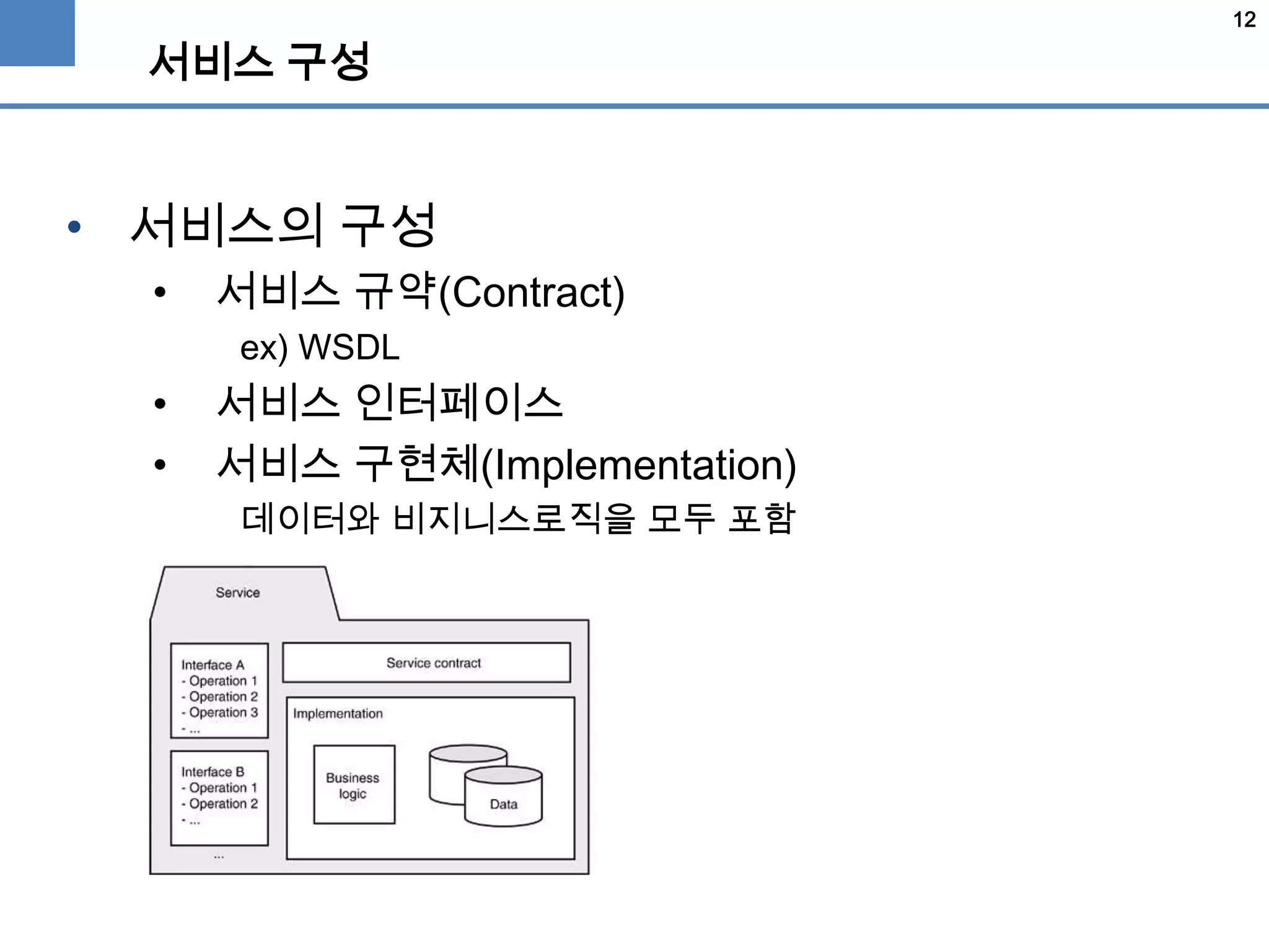 12
서비스 구성
• 서비스의 구성
• 서비스 규약(Contract)
ex) WSDL
• 서비스 인터페이스
• 서비스 구현체(Implementation)
데이터와 비지니스로직을 모두 포함
 