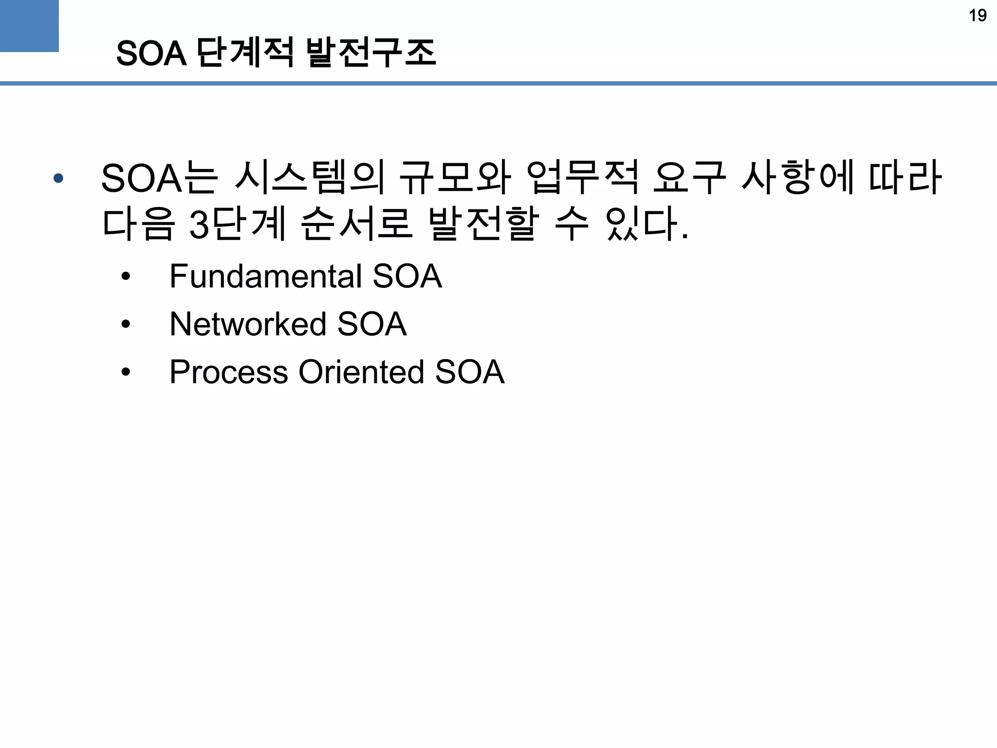19
SOA 단계적 발전구조
• SOA는 시스템의 규모와 업무적 요구 사항에 따라
다음 3단계 순서로 발전할 수 있다.
• Fundamental SOA
• Networked SOA
• Process Oriented SOA
 