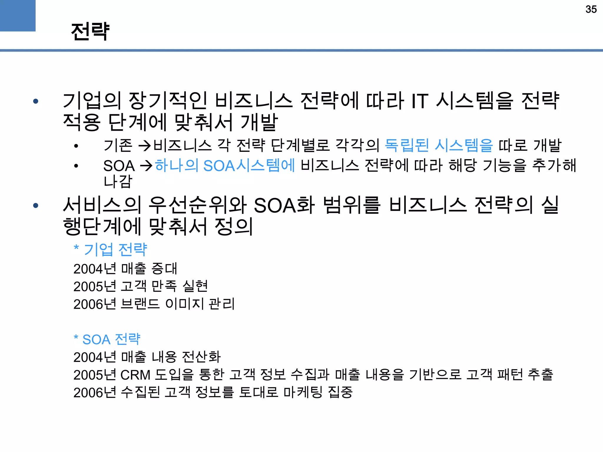 35
전략
• 기업의 장기적인 비즈니스 전략에 따라 IT 시스템을 전략
적용 단계에 맞춰서 개발
• 기존 비즈니스 각 전략 단계별로 각각의 독립된 시스템을 따로 개발
• SOA 하나의 SOA시스템에 비즈니스 전략에 따라 해당 기능을 추가해
나감
• 서비스의 우선순위와 SOA화 범위를 비즈니스 전략의 실
행단계에 맞춰서 정의
* 기업 전략
2004년 매출 증대
2005년 고객 만족 실현
2006년 브랜드 이미지 관리
* SOA 전략
2004년 매출 내용 전산화
2005년 CRM 도입을 통한 고객 정보 수집과 매출 내용을 기반으로 고객 패턴 추출
2006년 수집된 고객 정보를 토대로 마케팅 집중
 