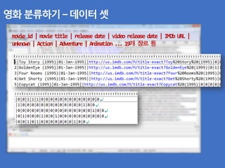 영화 분류하기 – 데이터 셋
movie id | movie title | release date | video release date | IMDb URL |
unknown | Action | Adventure | Animation ... 19개 장르 등
 