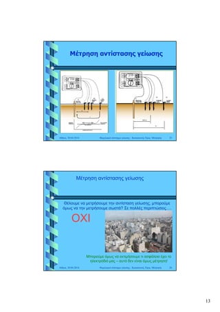 13
Μέτρηση αντίστασης γείωσης
Αθήνα, 30.04.2014 Θεμελιακό σύστημα γείωσης - Κατασκευή, Όρια, Μέτρηση 25
Θέλουμε να μετρήσουμε την αντίσταση γείωσης, μπορούμε
Μέτρηση αντίστασης γείωσης
Θέλουμε να μετρήσουμε την αντίσταση γείωσης, μπορούμε
όμως να την μετρήσουμε σωστά? Σε πολλές περιπτώσεις….
ΟΧΙ
Μπορούμε όμως να εκτιμήσουμε τι ασφάλεια έχει το
ηλεκτρόδιό μας – αυτό δεν είναι όμως μέτρηση!
Αθήνα, 30.04.2014 26Θεμελιακό σύστημα γείωσης - Κατασκευή, Όρια, Μέτρηση
 
