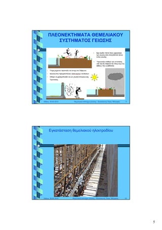 5
ΠΛΕΟΝΕΚΤΗΜΑΤΑ ΘΕΜΕΛΙΑΚΟΥΠΛΕΟΝΕΚΤΗΜΑΤΑ ΘΕΜΕΛΙΑΚΟΥ
ΣΥΣΤΗΜΑΤΟΣ ΓΕΙΩΣΗΣΣΥΣΤΗΜΑΤΟΣ ΓΕΙΩΣΗΣ
Αθήνα, 30.04.2014 Θεμελιακό σύστημα γείωσης - Κατασκευή, Όρια, Μέτρηση 9
Εγκατάσταση θεμελιακού ηλεκτροδίου
Αθήνα, 30.04.2014 10Θεμελιακό σύστημα γείωσης - Κατασκευή, Όρια, Μέτρηση
 