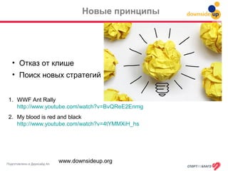 Подготовлено в Даунсайд Ап
Новые принципы
• Отказ от клише
• Поиск новых стратегий
www.downsideup.org
1. WWF Ant Rally
http://www.youtube.com/watch?v=BvQReE2Enmg
2. My blood is red and black
http://www.youtube.com/watch?v=4tYMMXiH_hs
 