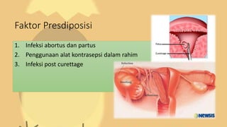 Faktor Presdiposisi
1. Infeksi abortus dan partus
2. Penggunaan alat kontrasepsi dalam rahim
3. Infeksi post curettage
 