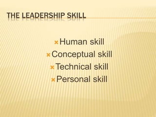 THE LEADERSHIP SKILL
Human skill
Conceptual skill
Technical skill
Personal skill
 