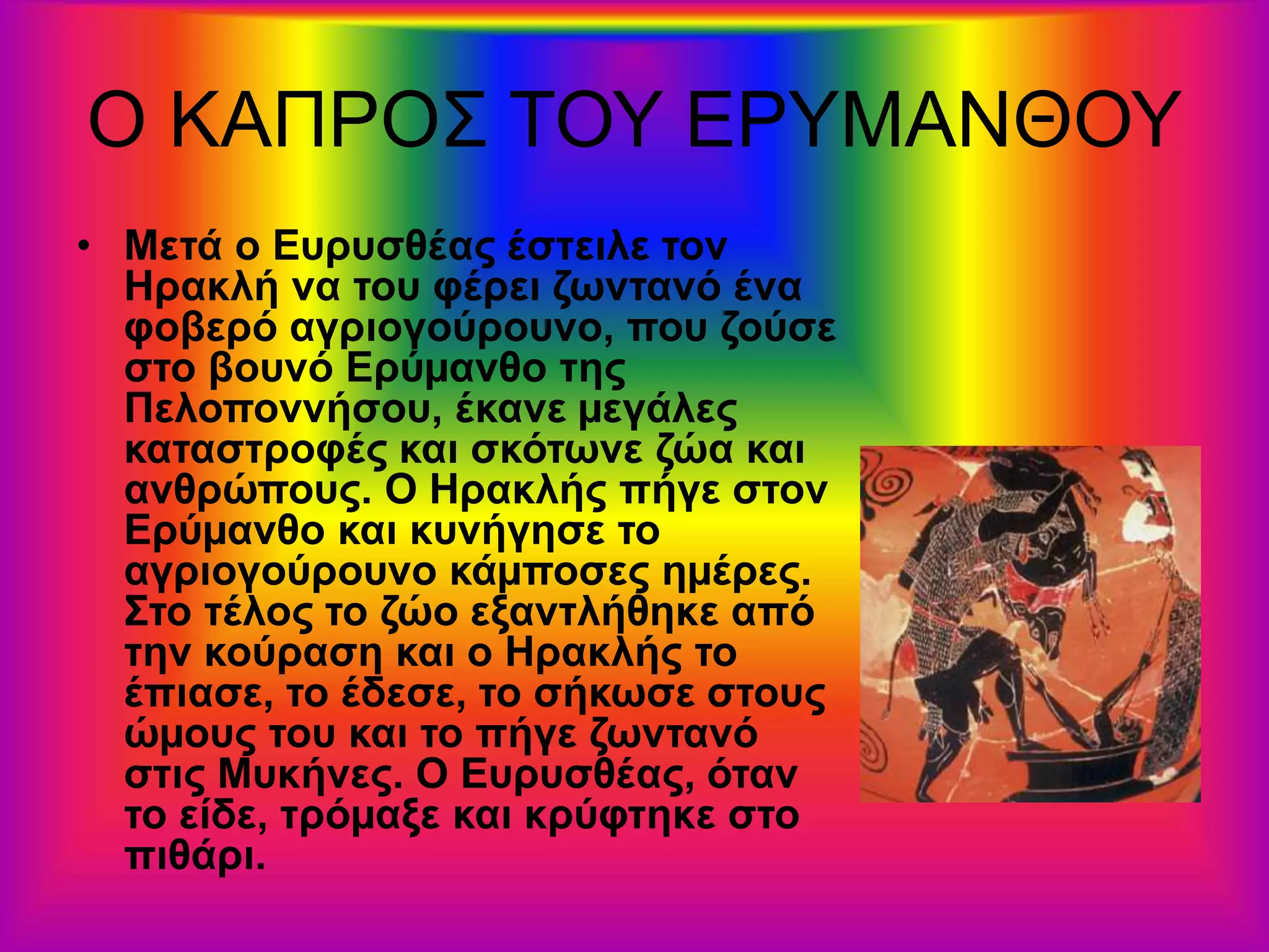 Ο ΚΑΠΡΟΣ ΤΟΥ ΕΡΥΜΑΝΘΟΥ
• Μετά ο Ευρυσθέας έστειλε τον
Ηρακλή να του φέρει ζωντανό ένα
φοβερό αγριογούρουνο, που ζούσε
στο βουνό Ερύµανθο της
Πελοποννήσου, έκανε µεγάλες
καταστροφές και σκότωνε ζώα και
ανθρώπους. Ο Ηρακλής πήγε στον
Ερύµανθο και κυνήγησε το
αγριογούρουνο κάµποσες ηµέρες.
Στο τέλος το ζώο εξαντλήθηκε από
την κούραση και ο Ηρακλής το
έπιασε, το έδεσε, το σήκωσε στους
ώµους του και το πήγε ζωντανό
στις Μυκήνες. Ο Ευρυσθέας, όταν
το είδε, τρόµαξε και κρύφτηκε στο
πιθάρι.
 