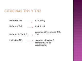 linfocitos Th1 IL-2, IFN-γ
linfocitos Th2 IL-4, IL-10
linfocito T CD4 Th0
capaz de diferenciarse Th1,
Th2
Linfocitos Th3 secretar el factor β
transformador de
crecimiento.
 