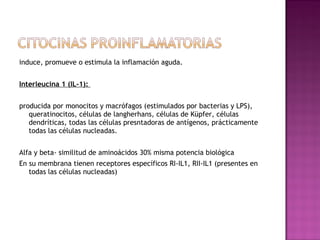 induce, promueve o estimula la inflamación aguda.
Interleucina 1 (IL-1):
producida por monocitos y macrófagos (estimulados por bacterias y LPS),
queratinocitos, células de langherhans, células de Küpfer, células
dendríticas, todas las células presntadoras de antígenos, prácticamente
todas las células nucleadas.
Alfa y beta- similitud de aminoácidos 30% misma potencia biológica
En su membrana tienen receptores específicos RI-IL1, RII-IL1 (presentes en
todas las células nucleadas)
 